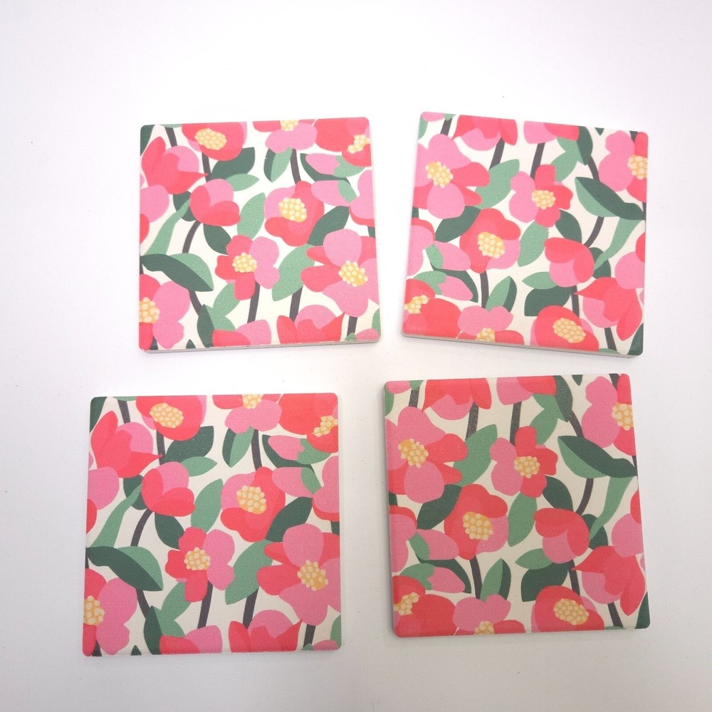 NEW DEMDACO Graphic Floral Ceramic Coasters Set of 4 Pink Green Spring‎ Summer